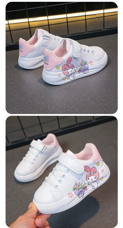 Baby Girls White Shoes Kids Casual Sneakers Cartoon Soft Breathable Fashion Children White PU Leather Shoes Size 26-37.