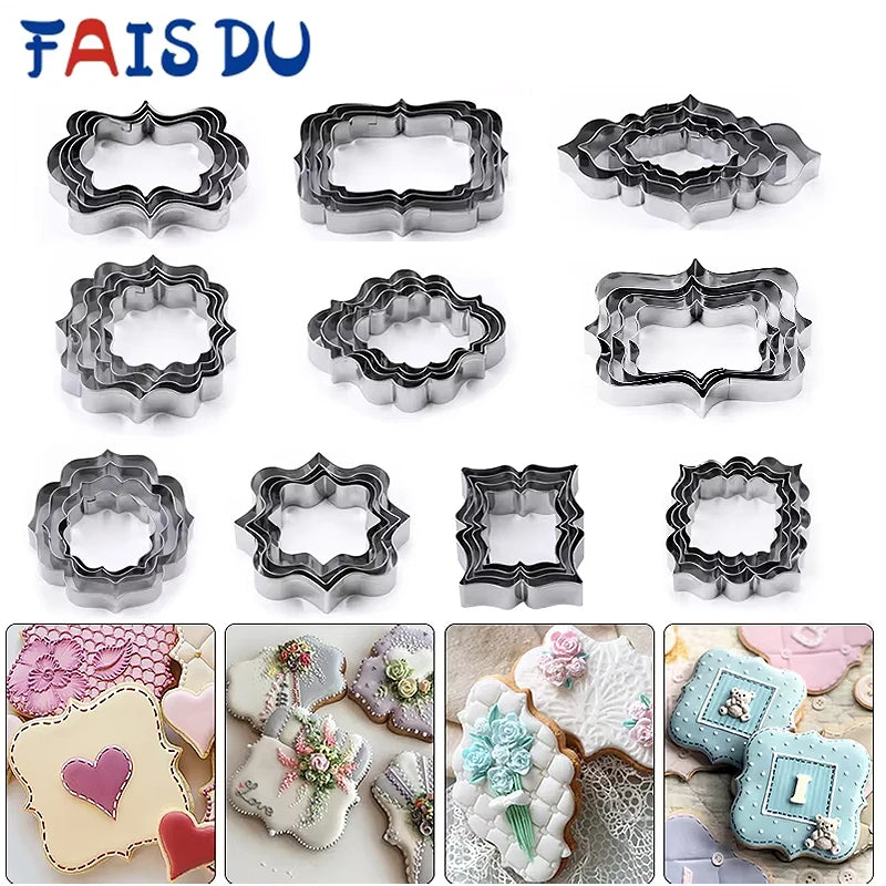 FAIS DU 4Pcs Stainless Steel Cookie Mold Stamper Nameplate DIY Biscuit Blessing Circle Flower Frame Cake Decoration Backware.