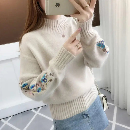 Herbst Winter 2025, neue bestickte Ärmel mit langen Ärmeln, Strickpullover, Damenbekleidung, Vintage-Allgleiches, O-Ausschnitt, lose Pullover