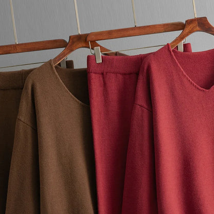 Autumn Winter New Fashion Women’s Solid Color Casual Trendy Loose 2 Piece Sets V-neck Long Sleeve T-shirts Wide Leg Trousers.