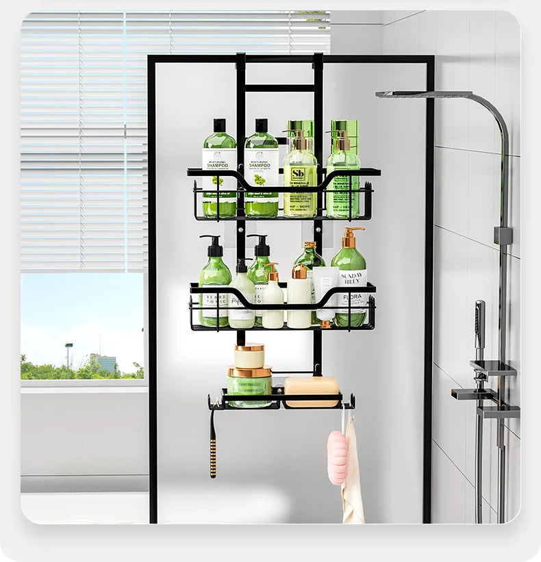 Bohrfreies Badezimmerregal über der Tür, hängender Organizer, wandmontiertes Korbregal, mehrschichtiges Duschraum-Aufbewahrungsregal für Toilette