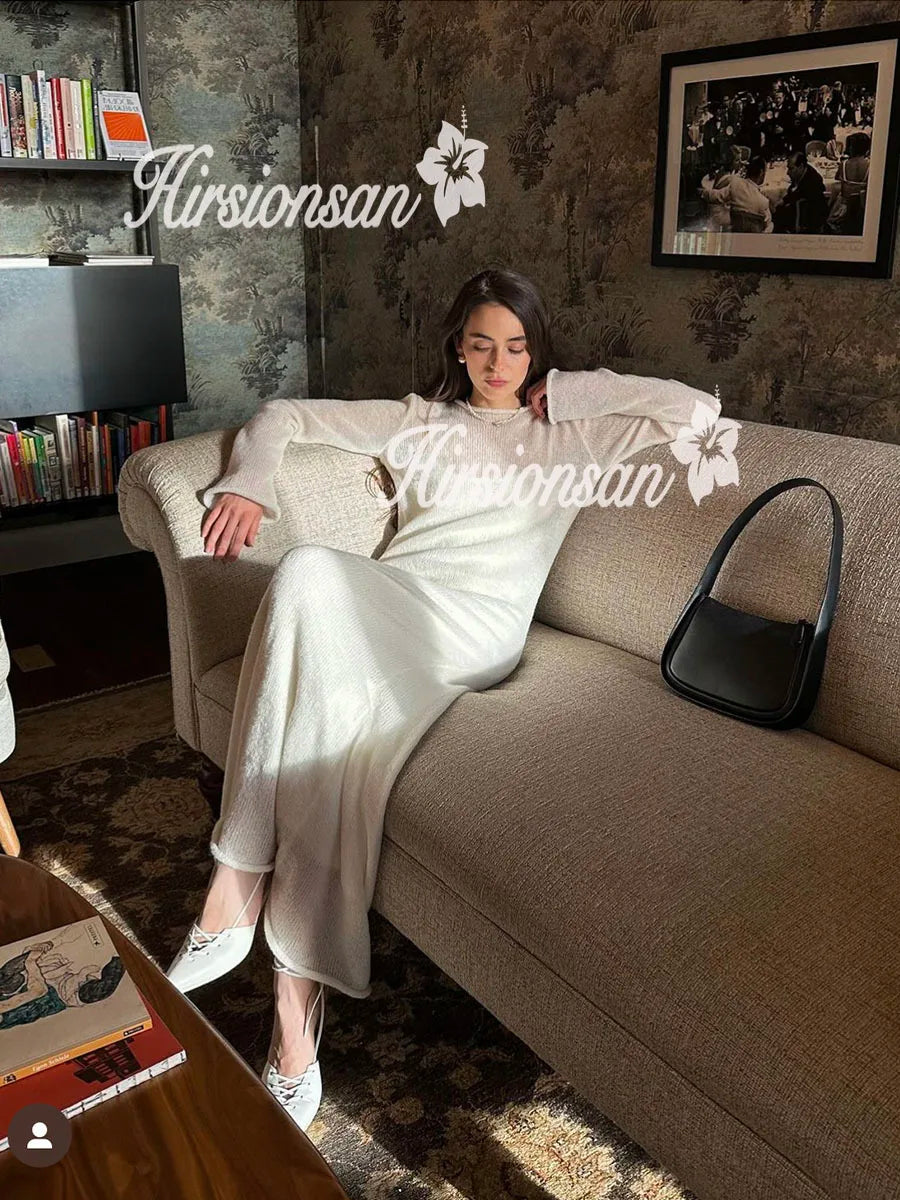 Hirsionsan Frühling Herbst Oansatz Elastische Stricken Lange Kleider Frauen 2024 Elegante Chic Weiche Dame Aushöhlung Pullover Kleider Femme Neue.