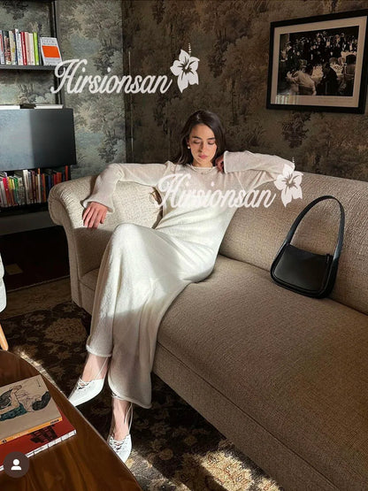 Hirsionsan Frühling Herbst Oansatz Elastische Stricken Lange Kleider Frauen 2024 Elegante Chic Weiche Dame Aushöhlung Pullover Kleider Femme Neue.