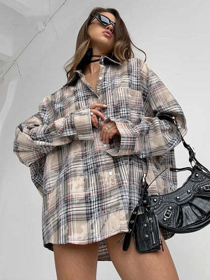 Women's Plaid Shirt Long Sleeve Retro Fashionable Loose Spring Autumn Design Top Street Casual Button Cardigan Blouses for Femal.