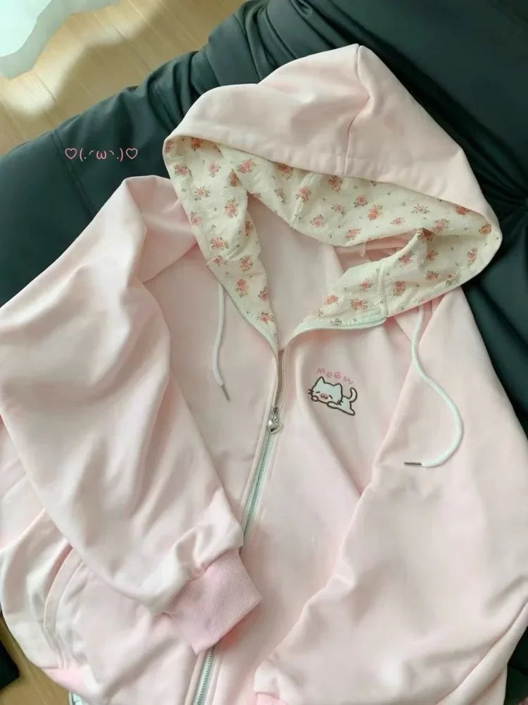 Katze Floral Lange Ärmeln Zipper Dünne Jacken 2025, Frühjahr Neue Hoodie Mantel Frauen Y2k Casual Alle-spiel Tops mujer Sweatshirt.