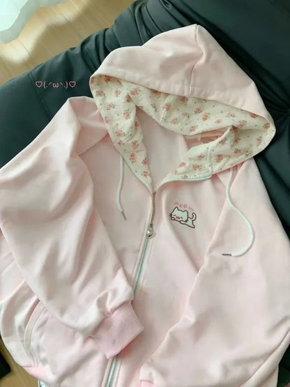 Katze Floral Lange Ärmeln Zipper Dünne Jacken 2025, Frühjahr Neue Hoodie Mantel Frauen Y2k Casual Alle-spiel Tops mujer Sweatshirt.