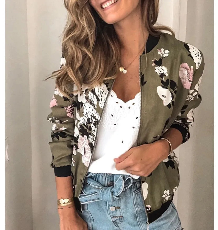 Women Elegant Zipper Bomber Jacket Spring Autumn Floral Printed Jackets Office Wear Slim Office Coat Retro Outwear.