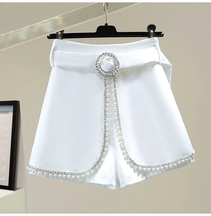 2025 Spring Summer New Simplicity Fashion Diamonds High Waist Shorts Women Clothes Fashion Patchwork Solid Color Wide Leg Pants.