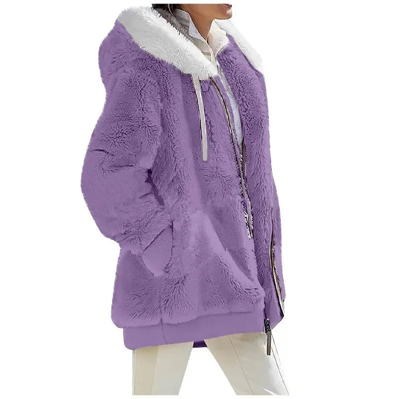 Herbst Winter Mode Damen mantel neue lässige Kapuze Reiß verschluss Dame Kleidung Kaschmir weibliche Fleece jacke einfarbige Damen mäntel