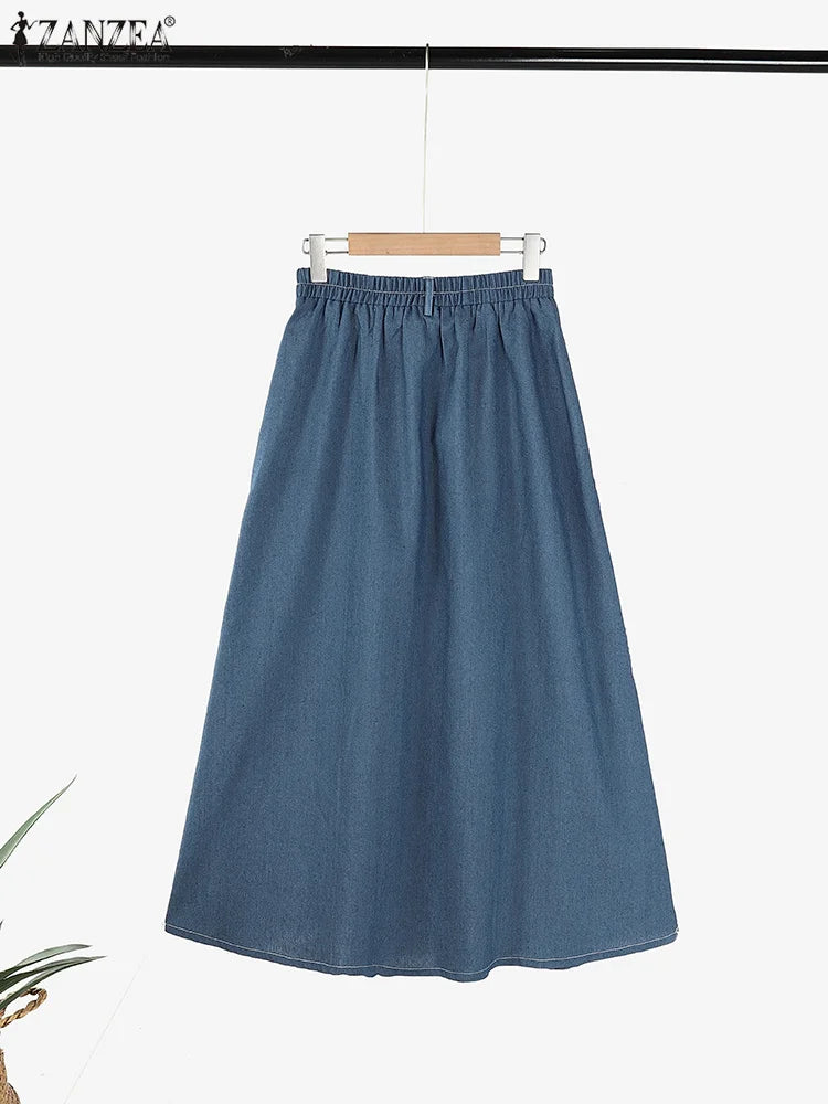 Autumn Elastic Waist Solid Skirts ZANZEA Fashion Women Denim Blue Skirt Elegant A-line Work Overskirts Casual Loose Holiday Jupe.