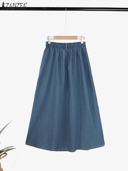 Autumn Elastic Waist Solid Skirts ZANZEA Fashion Women Denim Blue Skirt Elegant A-line Work Overskirts Casual Loose Holiday Jupe.