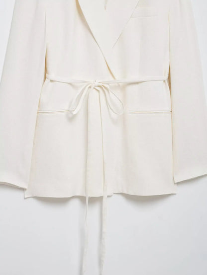 HH Women's Suits White Turn-Down Collar Long Sleeves Lace-Up Blazers+High Waist Zipper Long Pants Female Spring Fashion Sets.