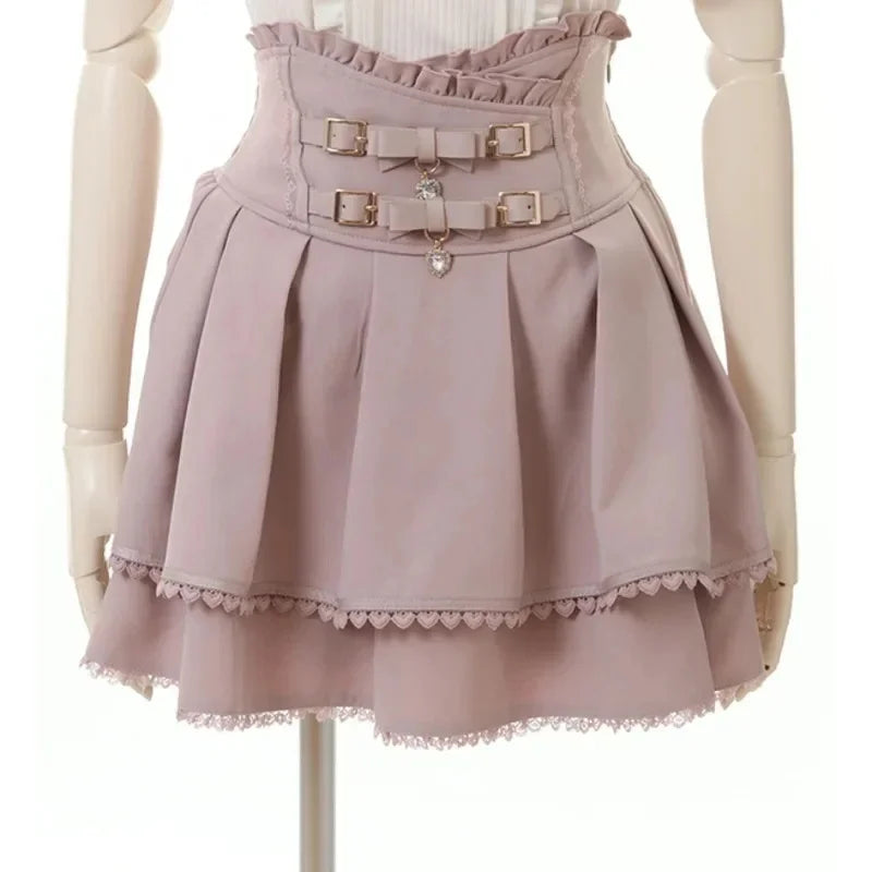 Japan Style High Waist Pleated Mini Skirts Bow Knot Design Mini Skirts Kawaii Slim Fit A-line Skirts Pink Lace Skirts For Women.