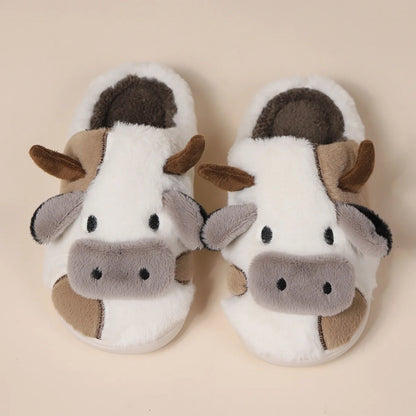 Shevalues Plush Cartoon Milk Cow Slippers Winter Women Slippers Furry Non-Slips Women Cotton Slides Couples Soft Cozy Flat Shoes