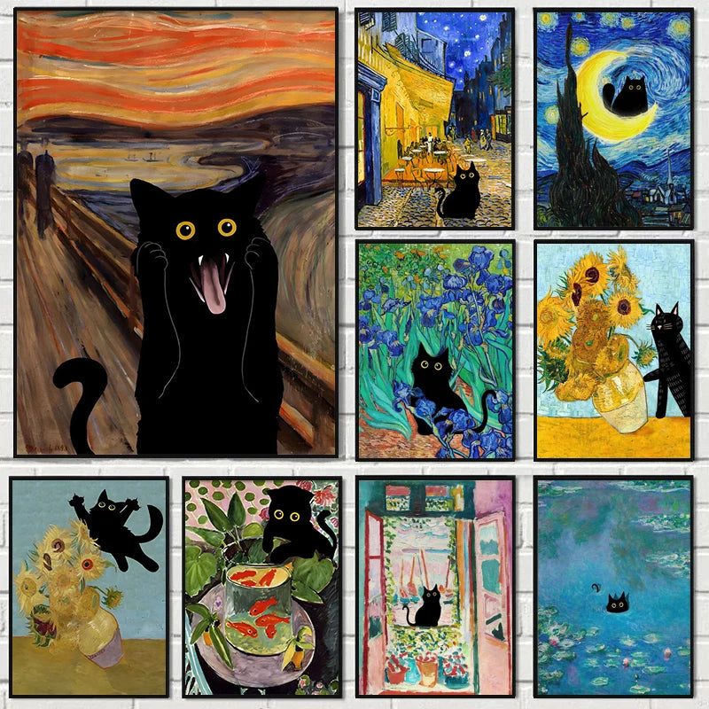 Funny Art Matisse Monet Black Cat Van Gogh Sunflowers Canvas Painting Posters and Prints Wall Pictures for Living Room Decor.