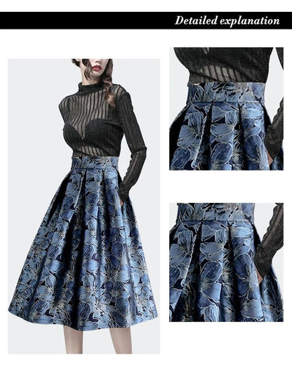 Blue Floral Print Vintage High Waist Ball Gown A-line Loose Women's Skirt Knee-Length Long Skirts For Women Clothing Fashion.