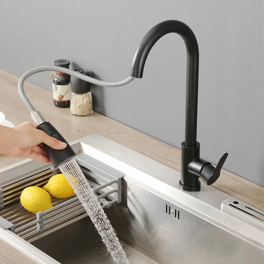 Kitchen Faucets Brushed Nickel Pull Out Kitchen Sink Water Tap Deck Mounted Mixer Stream Sprayer Head Hot Cold Taps Sliver