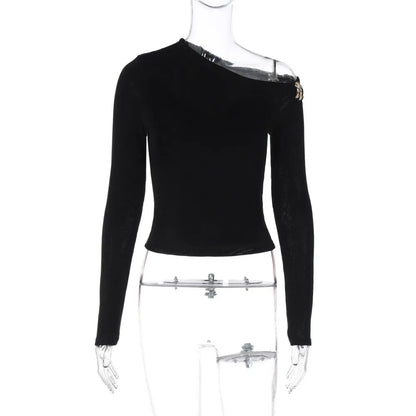 Blifanbo Oblique Shoulder Long Sleeve Tops For Women Metal Buckle Slim Fit Sexy Solid Color Bodycon Fashion BasicTop Streetwear.