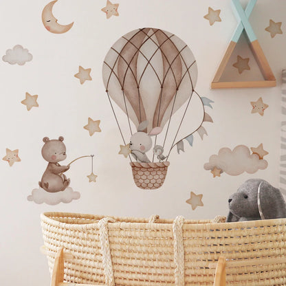 Cartoon Hot Air Balloon Animals Bear Rabbits Wall Stickers for Child Room Boy Room Decoration Nursery Baby Room Decoration Decal.