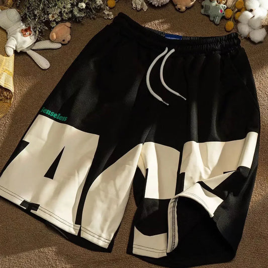 Sommer Casual männer Shorts Ins Trendy Marke Amerikanischen Stil Gespleißt Mittlere Taille Gerade Bein Lose Fit Breite Bein Minute Jogginghose