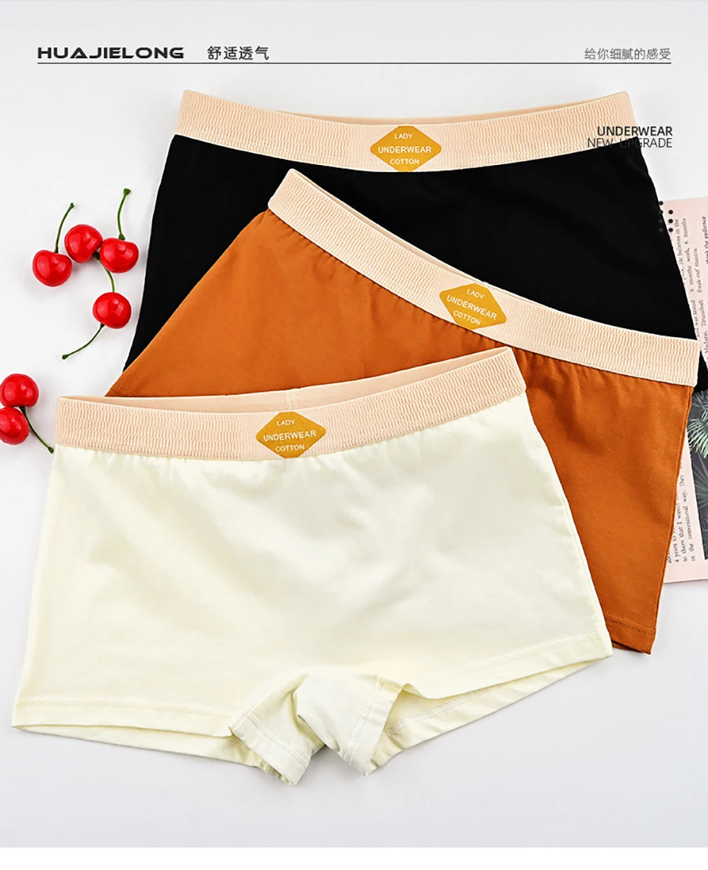 3PCS/Pack 100% Cotton Multicolor Solid Women's Boxer Knit Breathable Panties Underwear Soft High Elastic Mid-rise Thin Boyshorts.