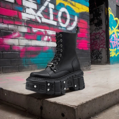 2025 New Punk Women Platform Ankle Boots Female's Rock Round Toe Lace Up Fashion Retro Chunky Shoes Metal Decor Short Boots.