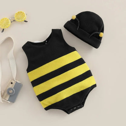 Baby Jungen Mädchen Biene Strampler Streifen Ärmellos Rücken Weiß Flügel Dekor Overalls Lässige Kostüm Kleidung Säuglingsbodysuits mit Hut.