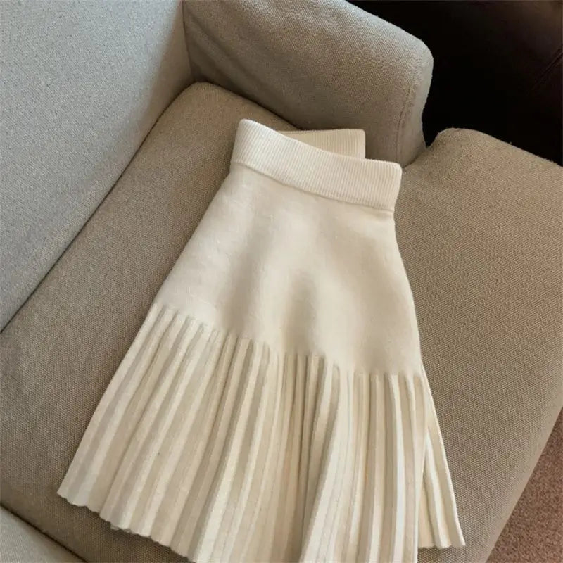 Pleated Mini Skirts Korean Sweet Knitted Skirts Sweet Elastic Waist Ladies Casual Youthful For Women's Clothes Solid Fashion New.