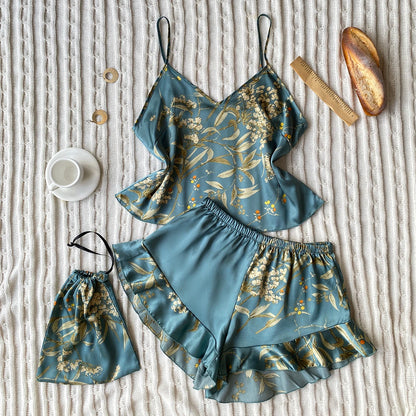 Elegante Cami-Tops mit Blumendruck, Rüschensaum, Shorts, Pyjama-Set, Damen-Nachtwäsche, Loungewear.