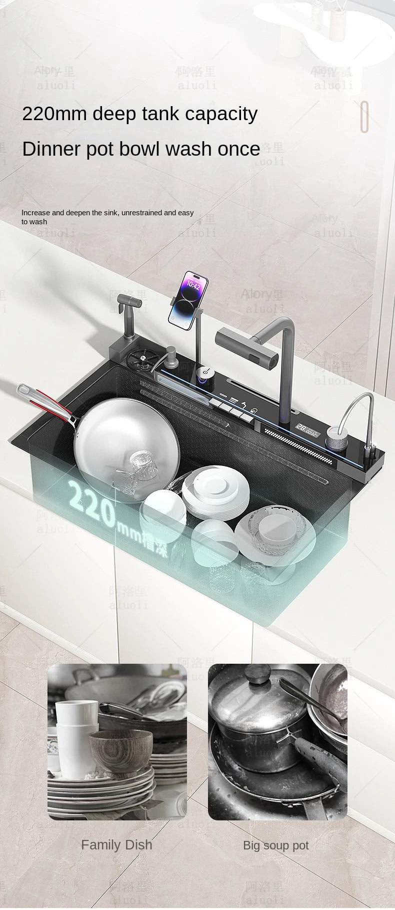 Kitchen 304 Stainless Steel Waterfall Sink, Large Single Slot, Digital Display Embossed Washing Basin Household Dishwashing Sink