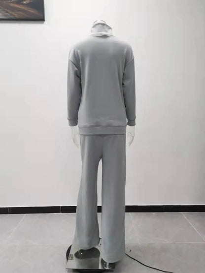 Autumn and Winter Women's New Knitted Fashion Casual Suit Two-piece High-neck Long-sleeved Top + Drawstring Wide-leg Pants Y2k.