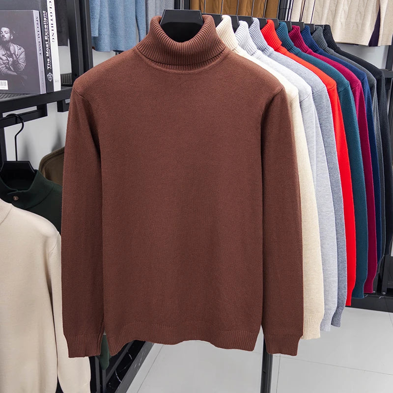Autumn Mens High Quality Knitted Turtleneck Sweater Slim Fit Long Sleeve Anti-pilling Pullover Solid Color Trend Men Streetwea.