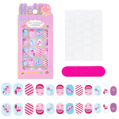 24Pcs/box Kids nails for Girl Cartoon Pattern False Nail Cute Child Fake Nails Tips Kawaii Acrylic Artificial Press on Nail+Tool