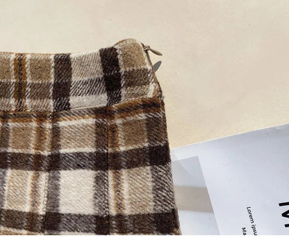 Plaid Woolen Blends Pleated Skirt For Women Fall Winter High Waist A-line Skirt Ladies Fashion Khaki Mini Skirts Vintage Female.