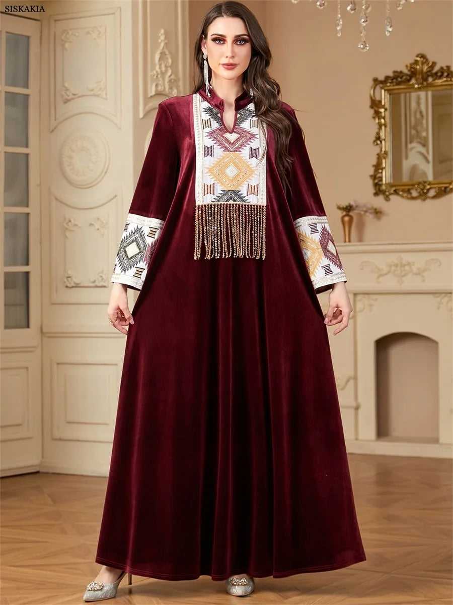 Siskakia Ramadan Muslim Notched Stand Collar Tassel Long Dresses For Women  Loose Elegant Kebaya Patchwork Sleeve Abayas.