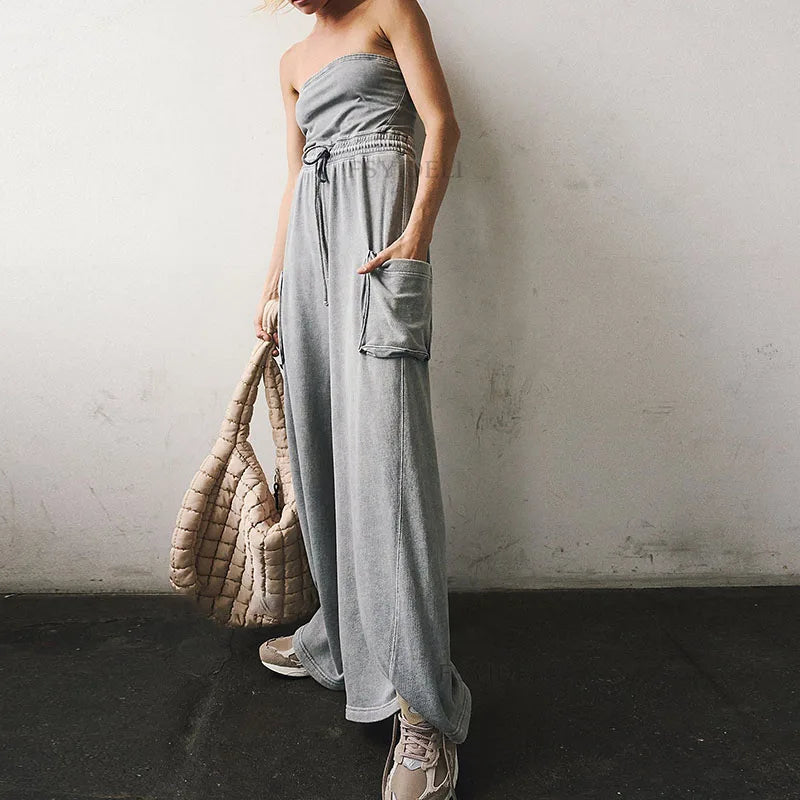 Stylish New Backless Sleeveless Commute Playsuits Women Tube Top Wide Leg Drawstring Rompers Elegant Solid Color Pocket Jumpsuit.