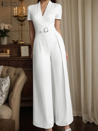 ZANZEA Street Fashion High Waist Jumpsuits Women Workwear Belt Rompers Solid Deep V Neck Elegant Office Lady Long Overalls.