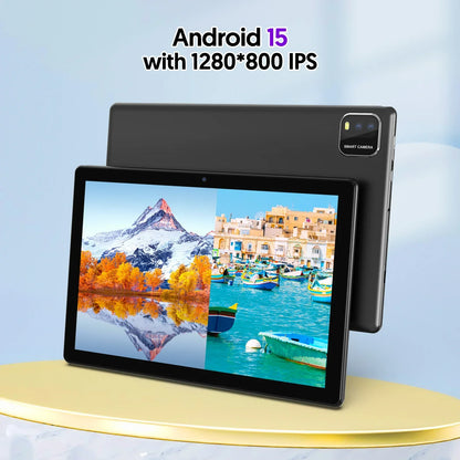 BAKEN 10-inch Android 15 tablet, quad-core processor, 12GB (3+9 expansion) RAM + 64GB storage, 5G WiFi, 1280*800 dual cameras.