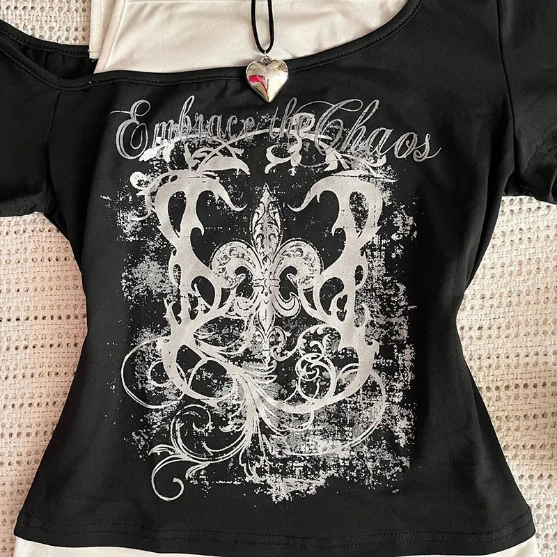 Women's 90s Vintage Punk T-Shirt Summer Streetwear Sexy Short Sleeve Gothic Slim Crop Top Hotgirl Casual Femme Tee Harajuku Y2k.