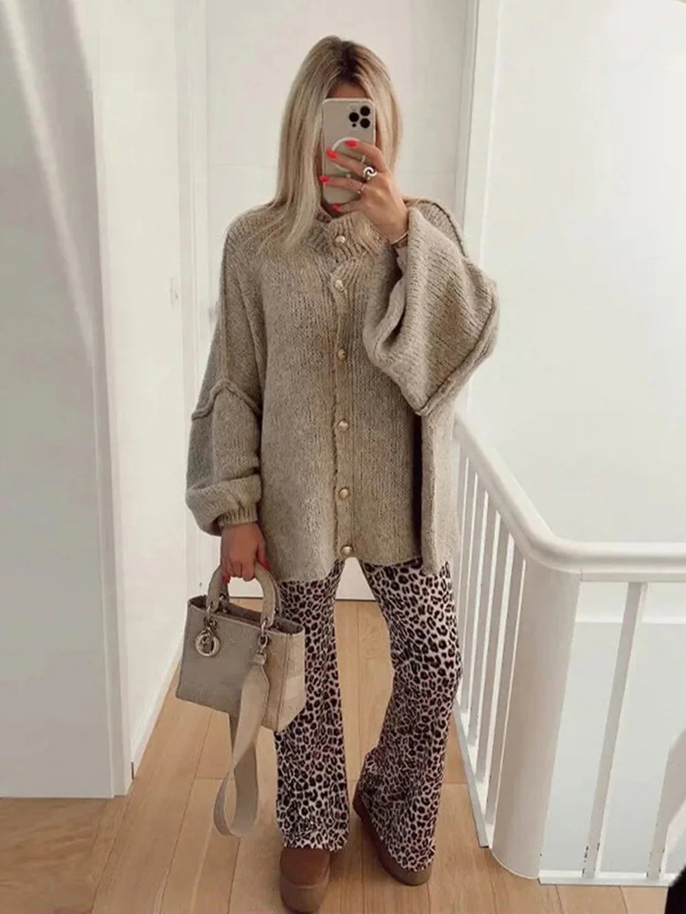 TRAF Women's Bat Sleeve Cardigan Sweater Temperament Lapel Metal Button Decoration Fashion Jacket Casual Commuter Women's Tops