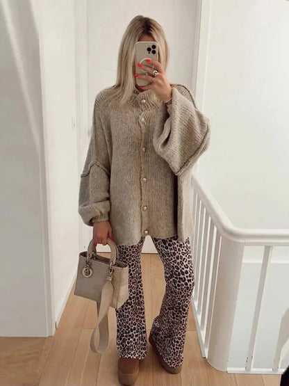 TRAF Women's Bat Sleeve Cardigan Sweater Temperament Lapel Metal Button Decoration Fashion Jacket Casual Commuter Women's Tops