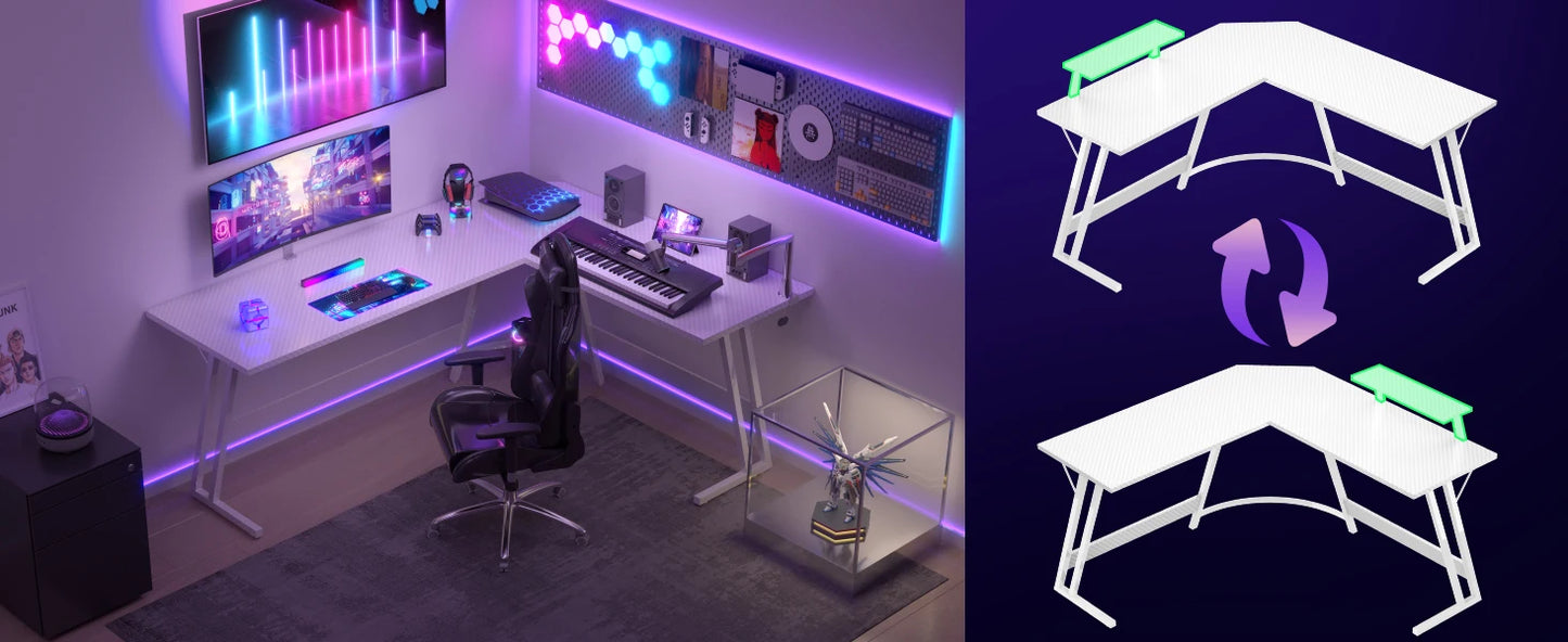 L-Form Gaming-Schreibtisch mit Monitorständer, großer PC-Computertisch für Gamer, Eckschreibtisch, Kohlefase