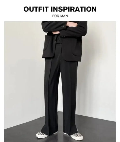Men's Straight Baggy Casual Pants Korean Slit Personality Suit Trousers Fashion Formal Business Male Streetwear Gray Khaki Black.