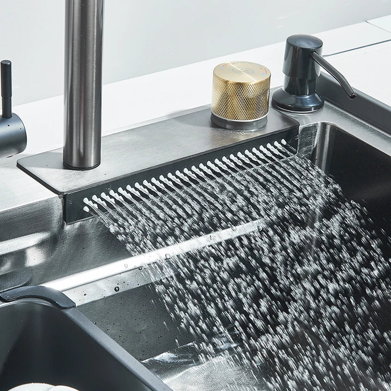 Einzelschlitz-Küchenspüle mit Wasserhahn, Edelstahl 304, groß, 60 x 45 cm, Niederschlag, 4 Funktionen, Spüle mit Seifenspender, Tassenwascher