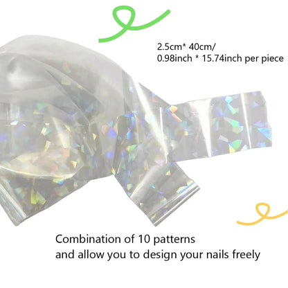 10pcs Holographic Nail Foil Set 2.5x100cm Gradient Transparent AB Color Transfer Stickers for Manicure Nail Art Decals.