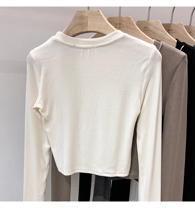 Women Trendy Chain Link Autumn Fashion Slim Fit Cropped T-shirts 2025 Long Sleeve T-shirt Solid Simple Base Layer Crop Tops.