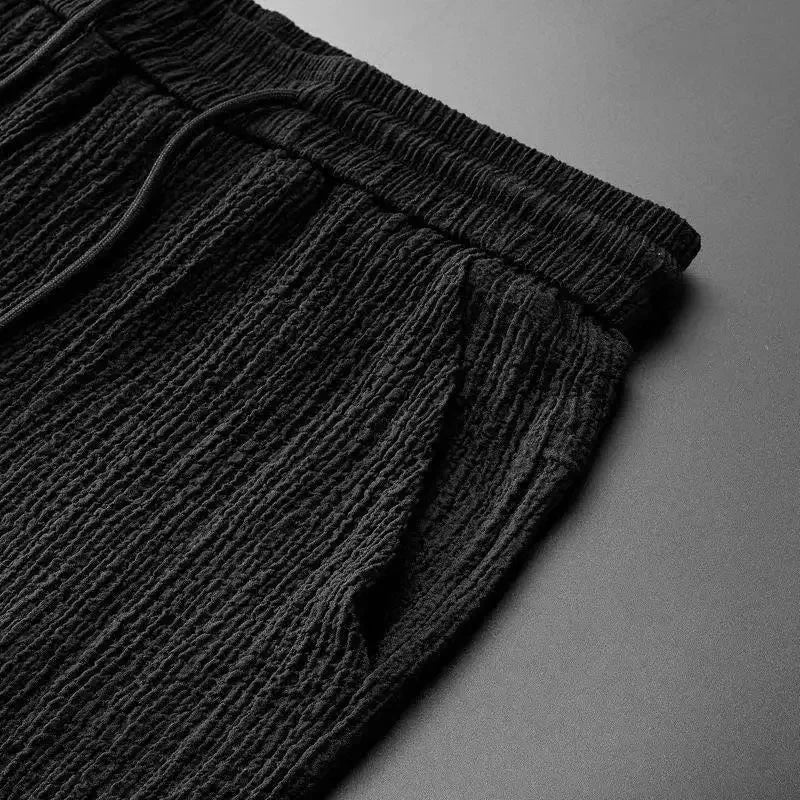 Summer Lightweight Pleated Cotton Casual Sports Set Men's Thin Comfortable Breathable Fashionable Collar Short Sleeve Two-Piece