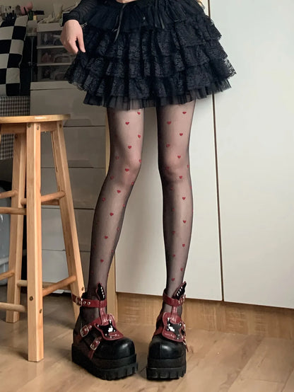 Sheer Kawaii Hosiery Ultra Thin Medias New JK Lolita Girl Thigh High Pantyhose Red Heart Print Women Tights Nylon Body Stockings.