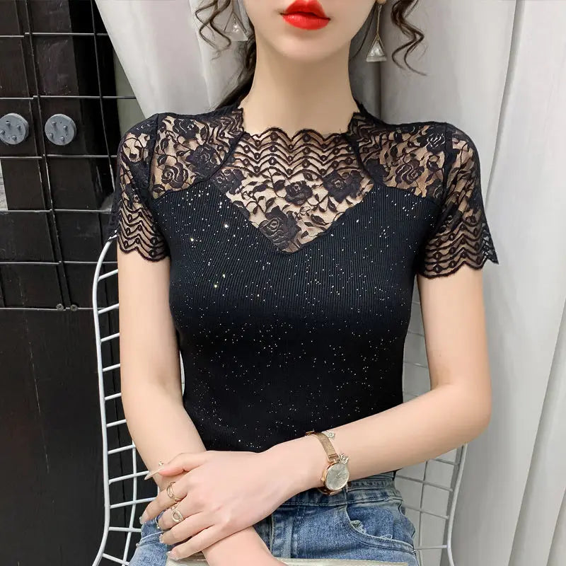Summer Women Tops Patchwork Bright silk Mesh T shirt Pathcwork Short Sleeve Lace Shirt.