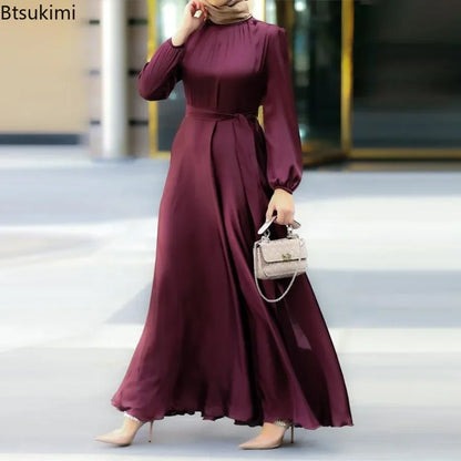 Elegantes Maxikleid für Frauen, solide Laternenärmel, Party-Abendkleid, modische Schnürung, lange Röcke, muslimische Abayas, Dubai, Robe Femme.